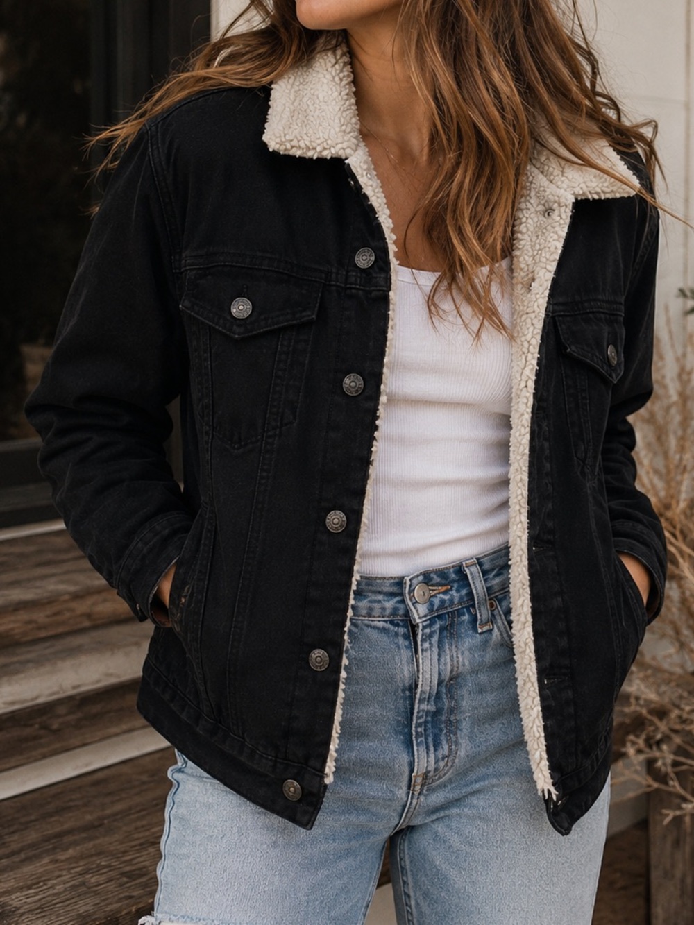 PacSun Los Angeles Black Sherpa Lined Denim Jacket Size Small Trucker Coat